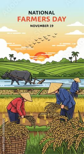 Celebrate National Farmers Day November 19 with a vibrant illustration of rice farmers at sunrise