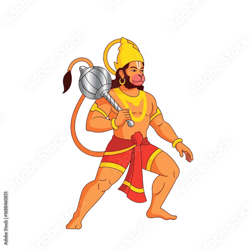 Illustration of a muscular Hanuman character in a fighting stance, holding a mace with a long tail, wearing a yellow headband and red shorts with yellow stripes.