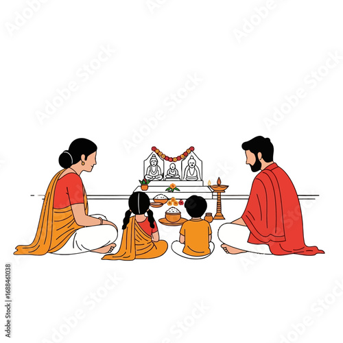 Illustration of an Indian family sitting on the floor for a religious ceremony with traditional attire and decorations.
