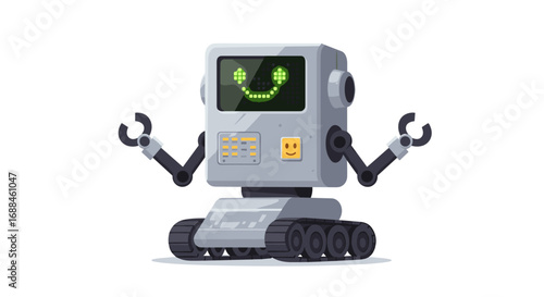 Friendly robot with display face and treads in cartoon style