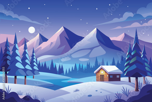 Cozy cabin nestled in snowy mountains under starry sky winter trees