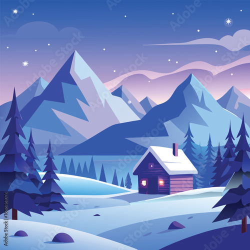 Cozy cabin nestled in snowy mountains under starry sky winter trees