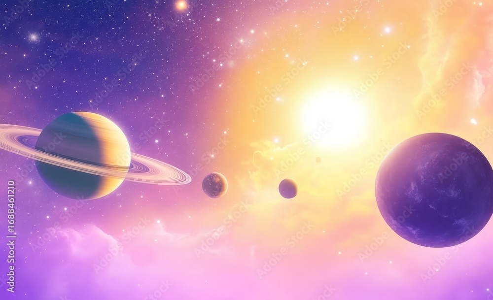 Naklejka premium Vibrant Solar System with Planets and a Bright Sun