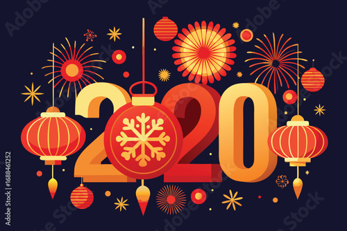 Festive new year celebration with lanterns and fireworks vector