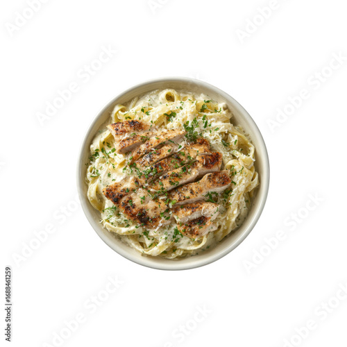 Creamy Chicken Alfredo Pasta in Bowl - Overhead View