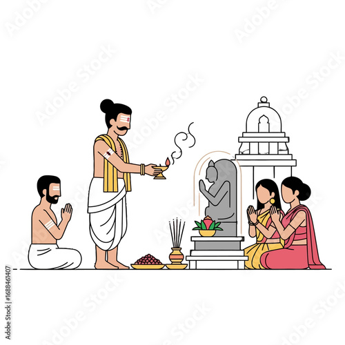 Illustration of a Hindu priest performing a puja ceremony with family members in a traditional Indian temple setting.
