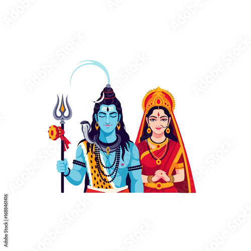 Illustration of Hindu deities Shiva and Parvati in traditional attire