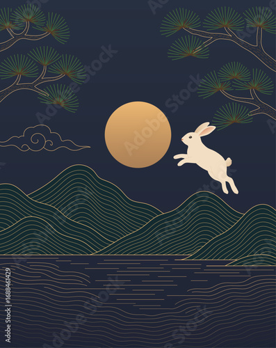 Rabbit Illustration with Korean Traditional Landscape for Autumn Festival