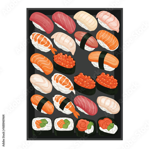 Vibrant flat 2D vector illustration displays an overhead view of assorted sushi, including sashimi, uramaki, and temaki, neatly placed on a clean serving tray with a white background.