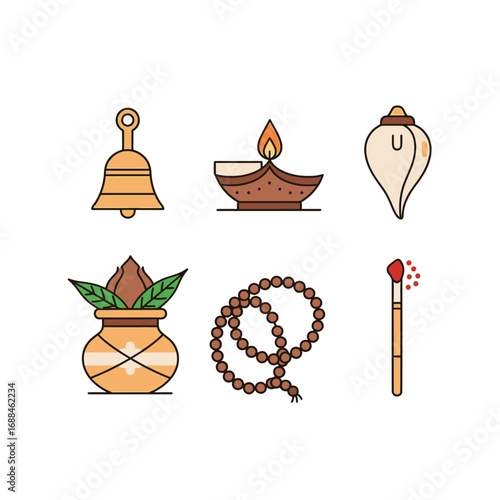Flat lay illustration of Hindu puja items on white background