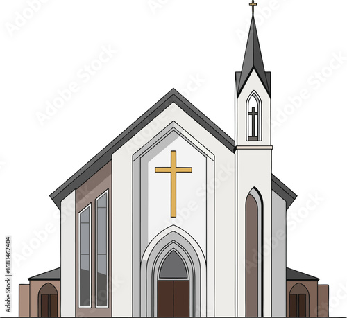 Modern Digital Illustration of a Christian Church with Cross and Steeple