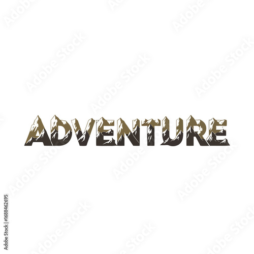 3D illustration of the word 'ADVENTURE' with a mountainous landscape integrated into the letters on a white background.