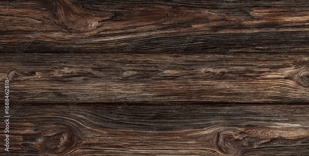 Fototapeta premium Close-up view of dark brown wooden planks. Horizontal grain, showing wood texture and knots. Aged and weathered appearance