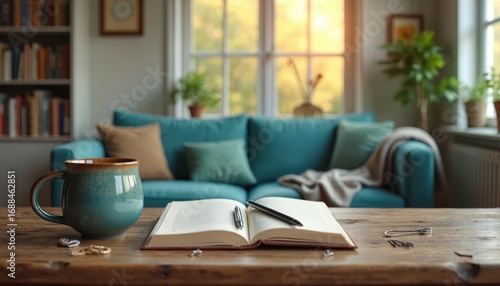 Wallpaper Mural Cozy home workspace with open notebook, pen, mug. Relaxed atmosphere for writing, journaling, reading. Peaceful, quiet comfort. Natural light illuminates scene, perfect for inspiration, productivity. Torontodigital.ca