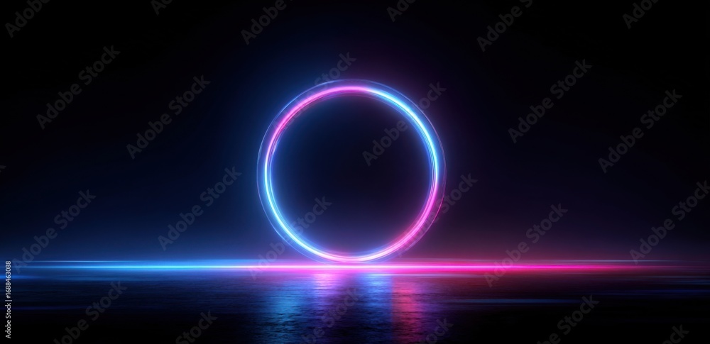 Obraz premium Neon circle with a dark background and a low horizon line of light