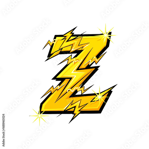 Stylized illustration of a yellow lightning bolt Z letter with starburst effects on a white background