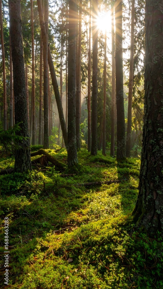 Obraz premium Sunlight streams through a mossy forest