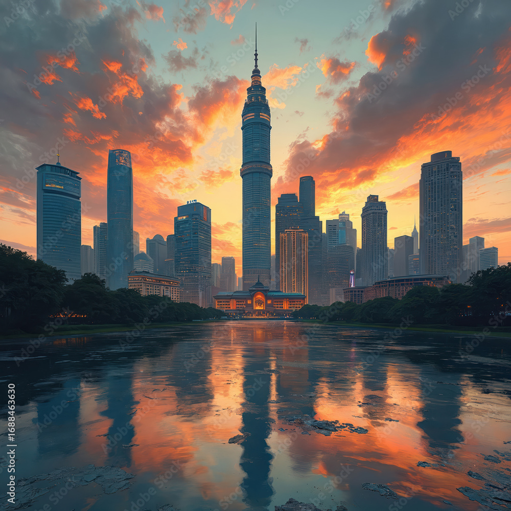 Obraz premium Modern city skyline at sunset with skyscrapers reflecting in river water. Orange clouds fill sky. Asian architecture with tall towers creates urban landscape.