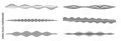 Set of sound waveforms and audio signals on white background, illustrating different frequencies, amplitudes, and patterns.