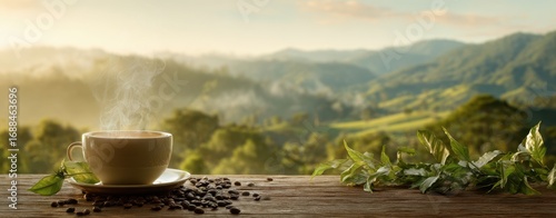 The steaming cup of coffee overlooking a serene mountain landscape at dawn.