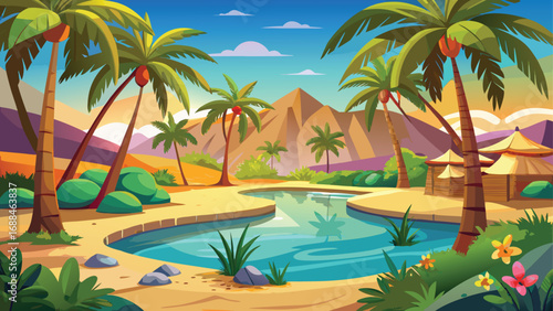 Relax and unwind by a beautiful tropical pool lined with lush palm trees, offering the perfect summer vacation landscape