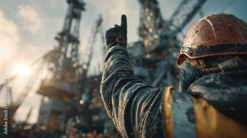 Construction worker gestures proudly at an oil rig site under a clear sky during sunrise with heavy machinery in the background