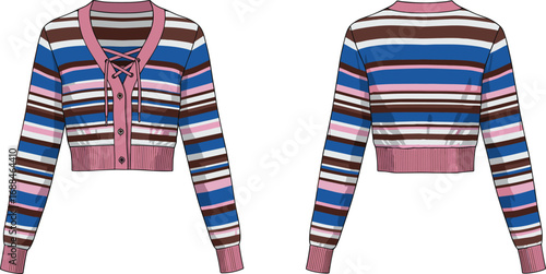 Striped cropped cardigan flat sketch, lace-up front buttoned sweater, women’s knitwear fashion design CAD, long sleeve pullover vector, stylish apparel garment illustration