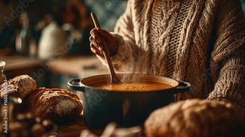 Cozy Autumn Kitchen Scene with Woman Stirring Soup in Pot, Freshly Baked Bread in Warm and Inviting Atmosphere
