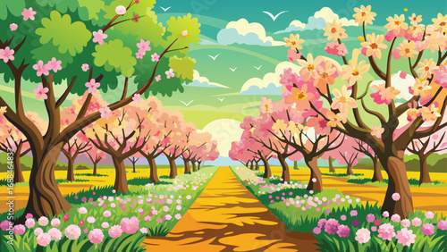 Autumn and spring landscapes with colorful trees in a park