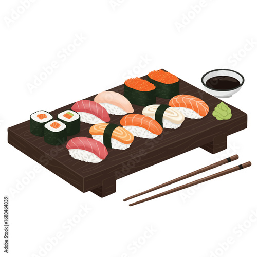 A vibrant flat 2D vector illustration presents a curated sushi platter featuring maki rolls, nigiri, and sashimi, elegantly arranged on a dark wooden board with soy sauce and chopsticks.