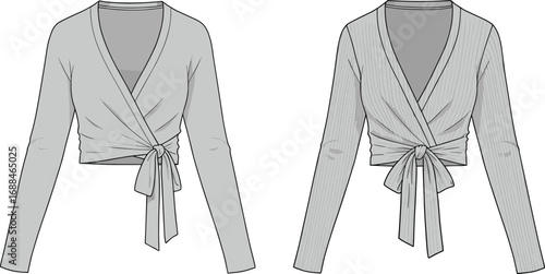 Wrap top technical flat sketch, women’s long sleeve blouse design, tie front fashion vector, striped and solid version CAD, trendy apparel illustration, garment drawing