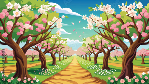 Spring landscape in a park with blossoming flowers, trees, and flying birds