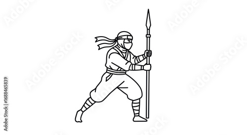 A Japanese ninja warrior in a fighting stance holding a spear, black and white line art illustration.
