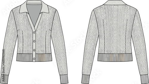 Shirt collar cardigan flat sketch, women's knitwear fashion vector, cable knit button sweater, textured garment CAD, long sleeve apparel illustration, cozy winterwear