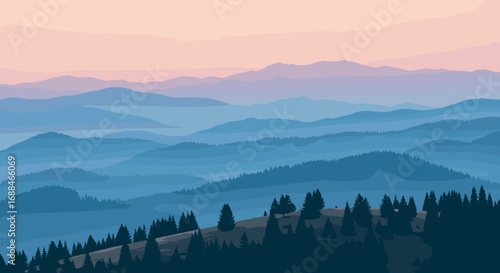 Majestic mountain layers at dawn with soft pastel sky and rolling fog
