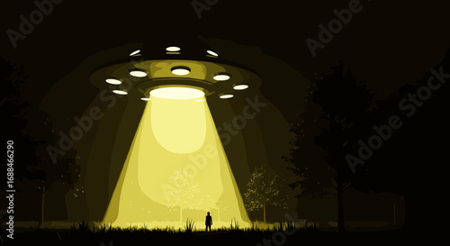 Ufo landing at night with beam of light shining on mysterious figure in forest