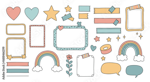 Charming hand-drawn doodles including rainbows, hearts, stars, and frames for journaling and scrapbooking
