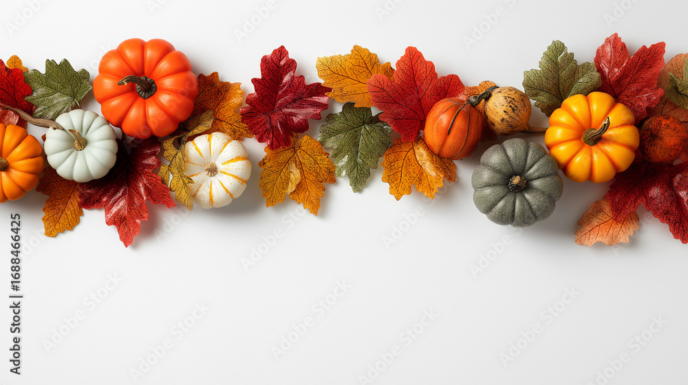 Fototapeta premium Autumnal Harmony: Pumpkins and leaves come together in a vibrant autumn arrangement, celebrating the rich colors and seasonal harvest.