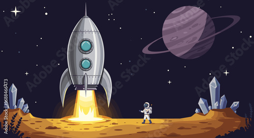 Rocket launch on alien planet with astronaut and distant planet in night sky