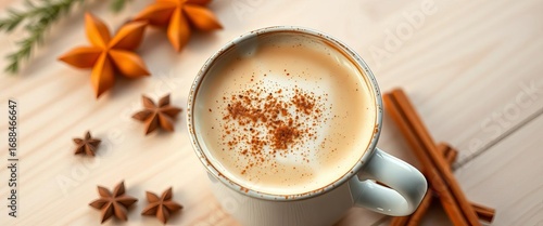 Steaming chai latte in a mug, sprinkled with cinnamon, on a light wood background,  warm,  kitchen