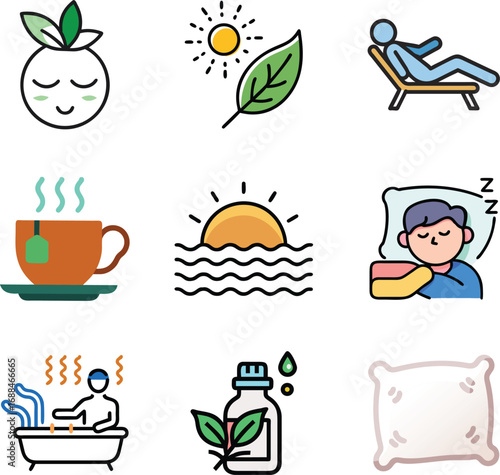Relaxation and sleep icons set for wellness and comfort lifestyle themes