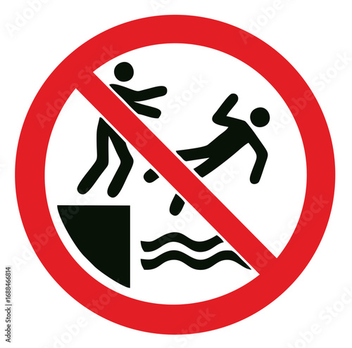 Prohibition warning sign - No pushing into water. Vector icon, label, sticker