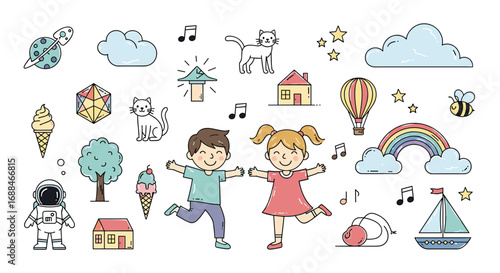 Joyful children embrace imagination with whimsical elements like planets, cats, and rainbows