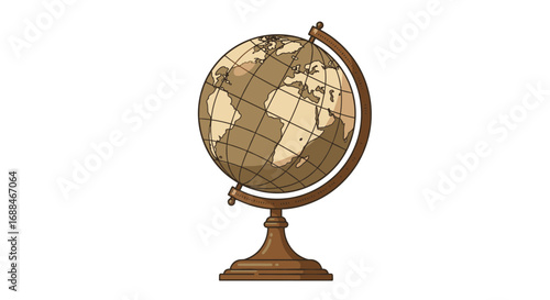 Vintage earth globe on stand with antique coloring and map details