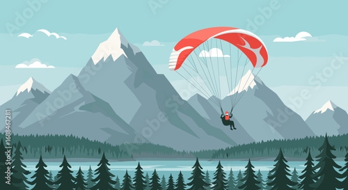 Paragliding adventure over majestic mountain range with pine forests and lake