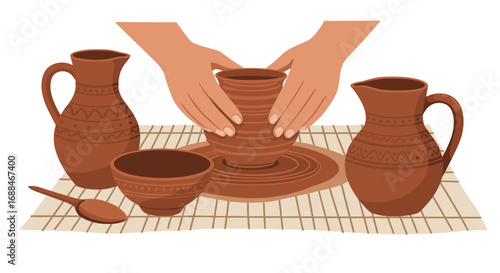 Crafting pottery: hands shaping clay vessels on a rustic mat
