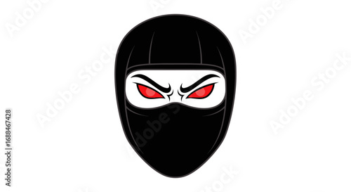 Angry ninja head mascot with glowing red eyes in a black hood and mask.