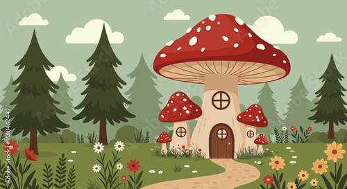 Whimsical mushroom house in forest landscape with flowers and trees in flat design