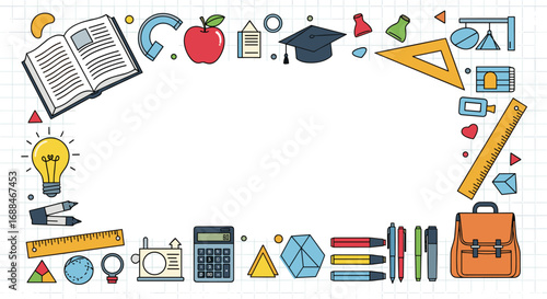 Spark creativity with vibrant school supplies, a bright idea bulb, and graduation cap border