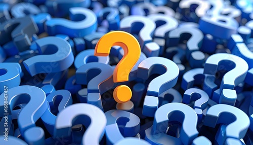 A bright, prominent orange question mark amidst a sea of blue question marks.  3D rendered